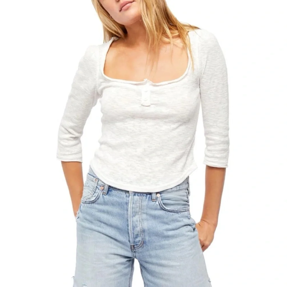 NWT FREE PEOPLE Womens Top Jaimie Henley 3/4 Sleeve White Size  S OB1103281